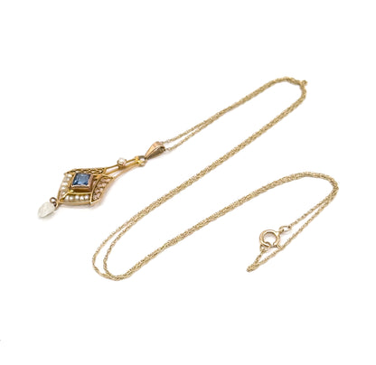 Antique Lavalier Pendant Necklace with Blue Paste Gem and Pearls in Gold