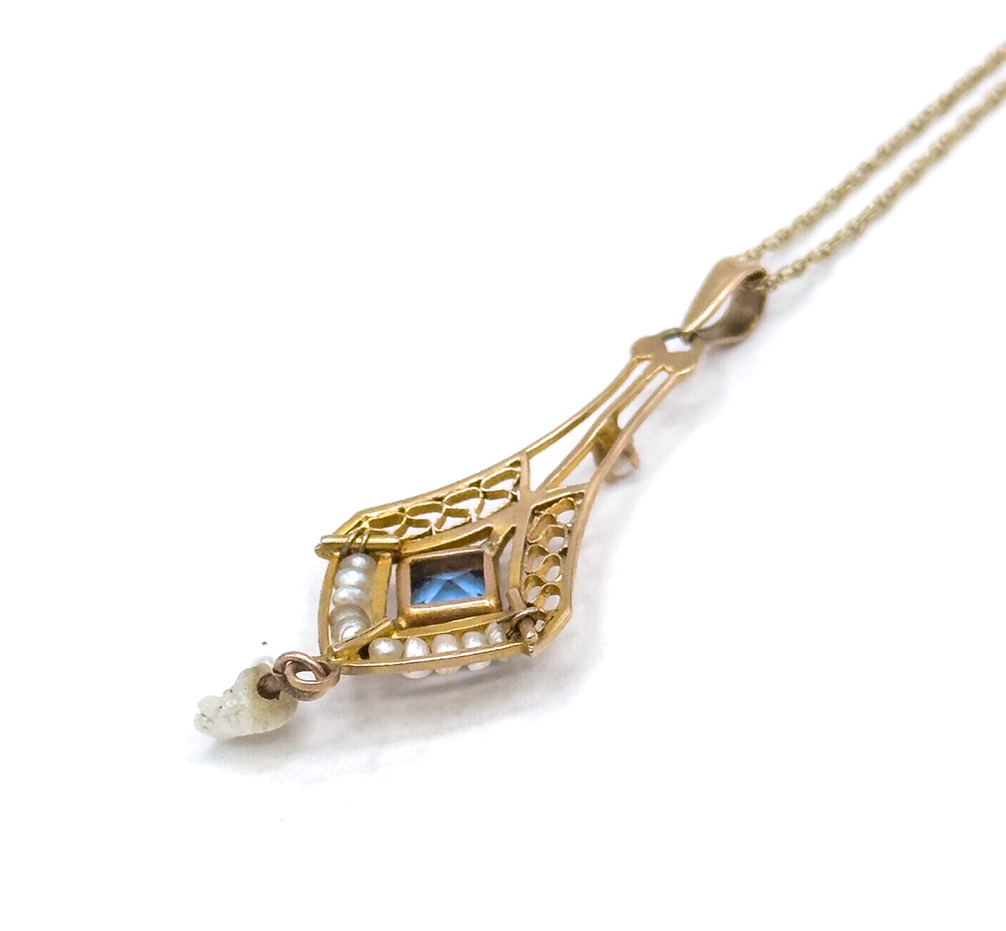 Antique Lavalier Pendant Necklace with Blue Paste Gem and Pearls in Gold