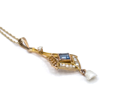 Antique Lavalier Pendant Necklace with Blue Paste Gem and Pearls in Gold