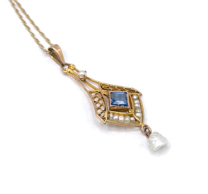 Antique Lavalier Pendant Necklace with Blue Paste Gem and Pearls in Gold