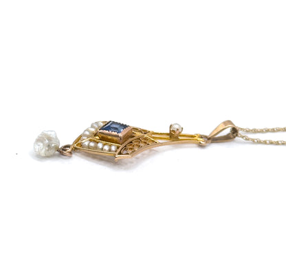 Antique Lavalier Pendant Necklace with Blue Paste Gem and Pearls in Gold