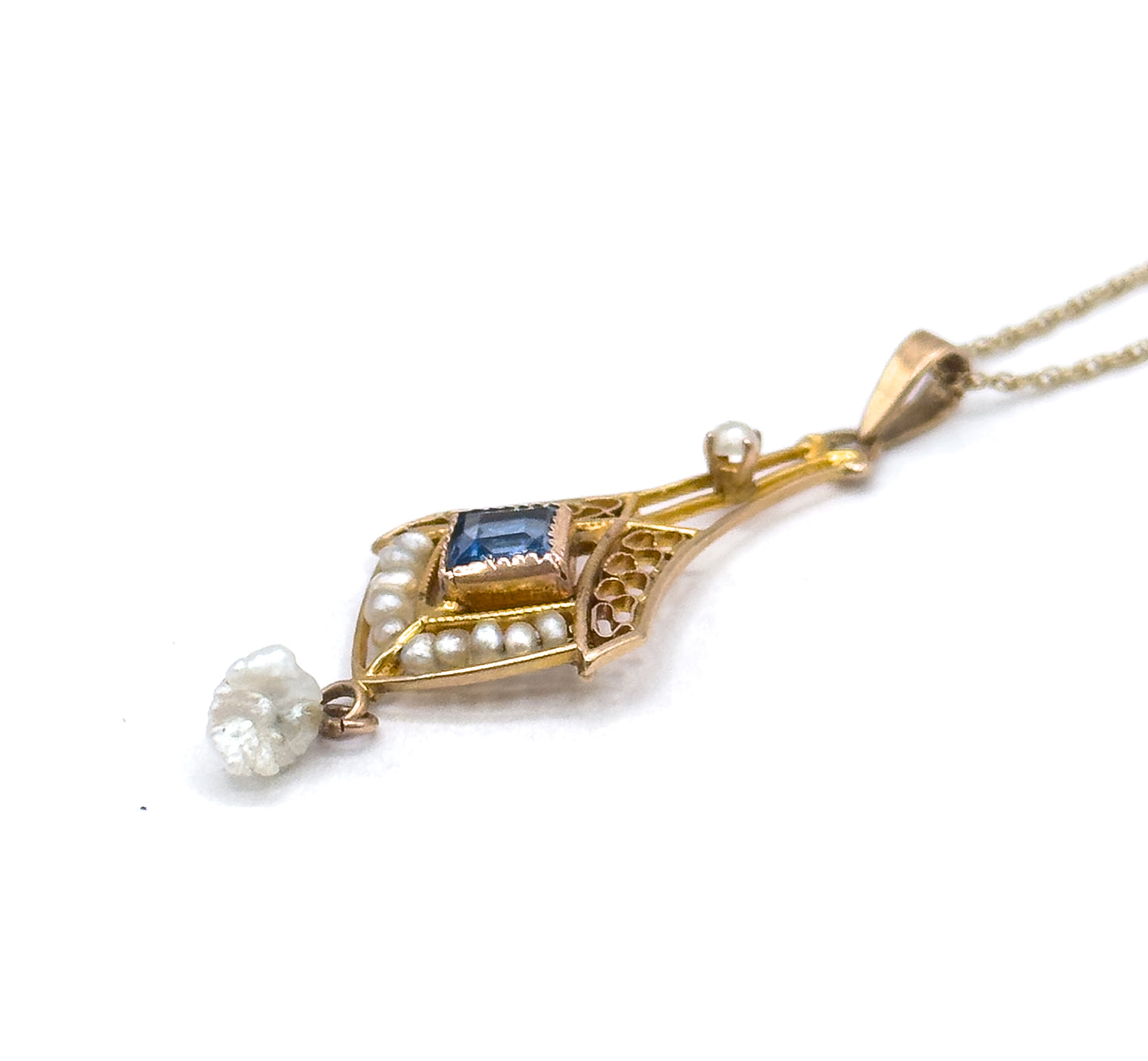 Antique Lavalier Pendant Necklace with Blue Paste Gem and Pearls in Gold