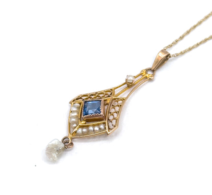 Antique Lavalier Pendant Necklace with Blue Paste Gem and Pearls in Gold