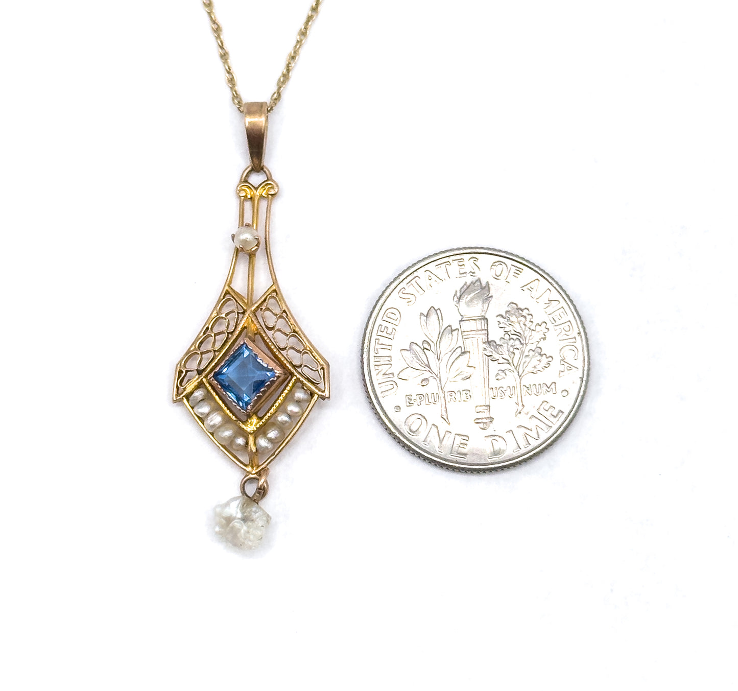 Antique Lavalier Pendant Necklace with Blue Paste Gem and Pearls in Gold