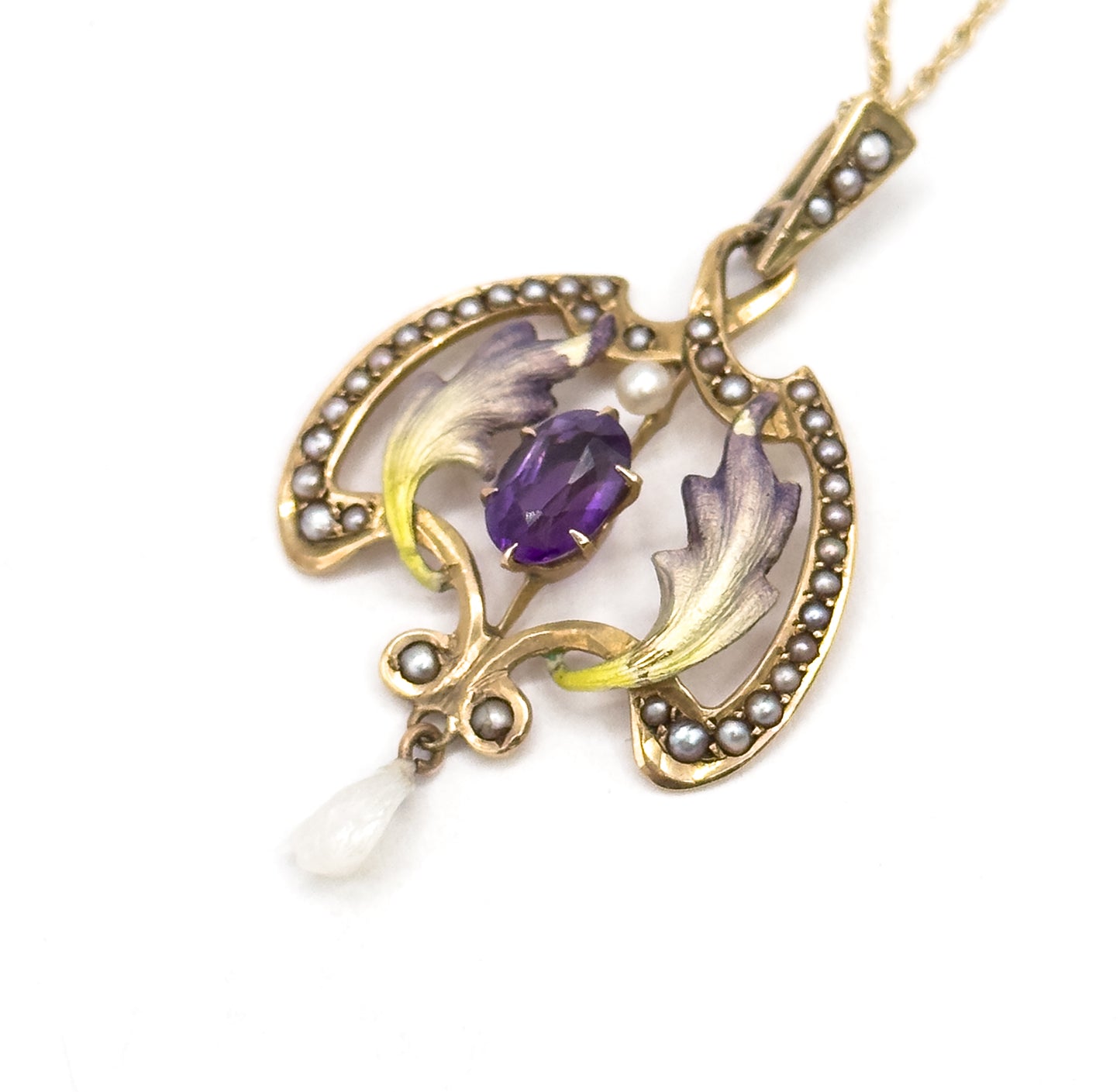 Art Nouveau Enamel Lavalier Pendant with Amethyst and Pearl in Gold