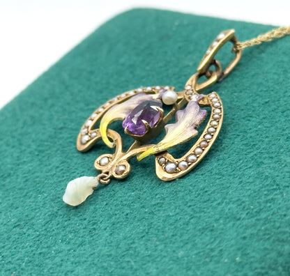 Art Nouveau Enamel Lavalier Pendant with Amethyst and Pearl in Gold