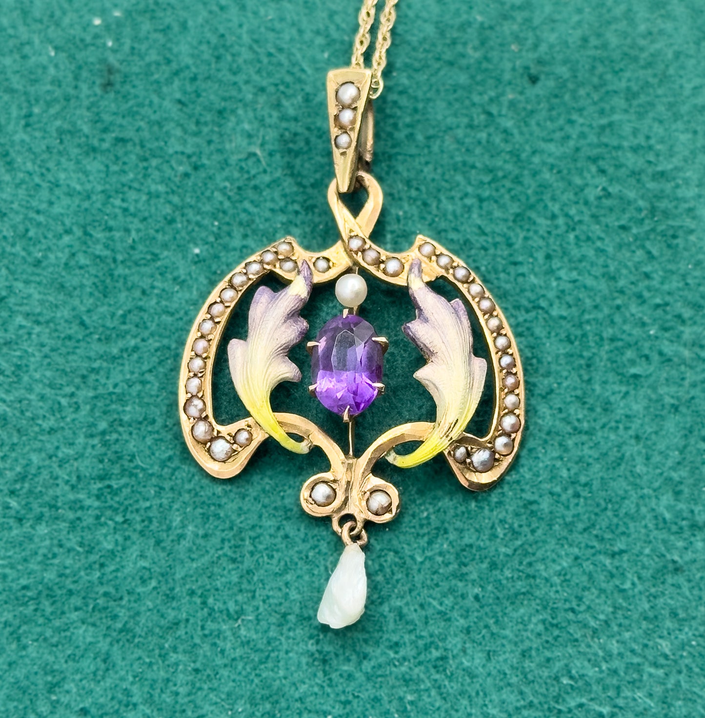 Art Nouveau Enamel Lavalier Pendant with Amethyst and Pearl in Gold