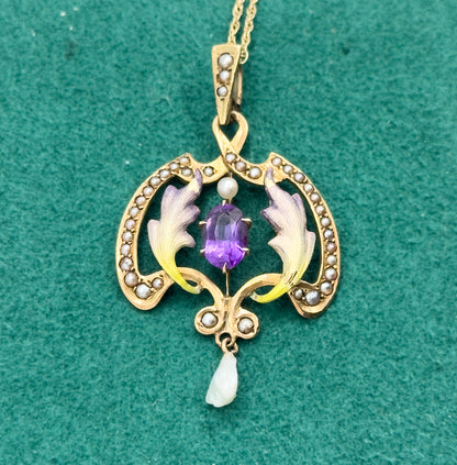 Art Nouveau Enamel Lavalier Pendant with Amethyst and Pearl in Gold