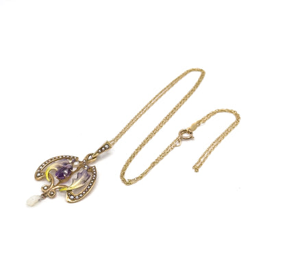 Art Nouveau Enamel Lavalier Pendant with Amethyst and Pearl in Gold
