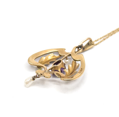 Art Nouveau Enamel Lavalier Pendant with Amethyst and Pearl in Gold