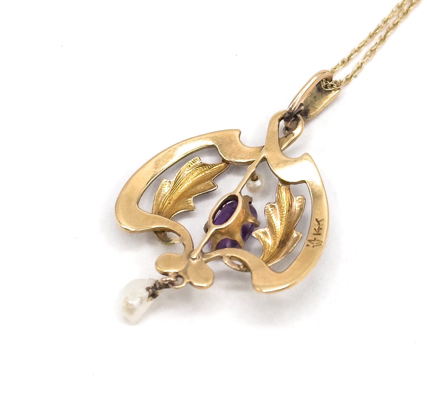 Art Nouveau Enamel Lavalier Pendant with Amethyst and Pearl in Gold