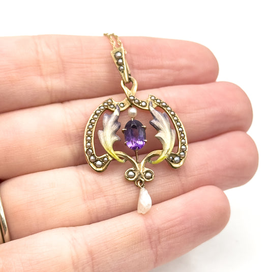 Art Nouveau Enamel Lavalier Pendant with Amethyst and Pearl in Gold