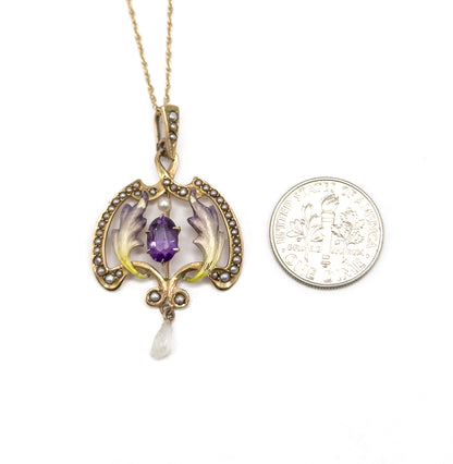 Art Nouveau Enamel Lavalier Pendant with Amethyst and Pearl in Gold