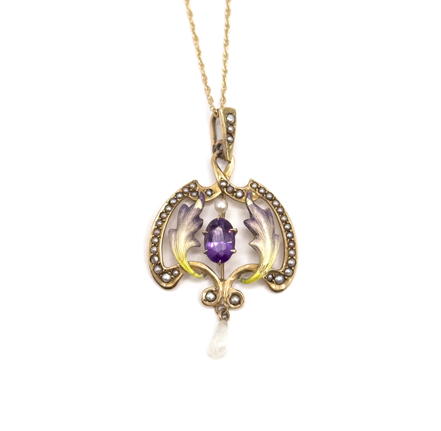 Art Nouveau Enamel Lavalier Pendant with Amethyst and Pearl in Gold
