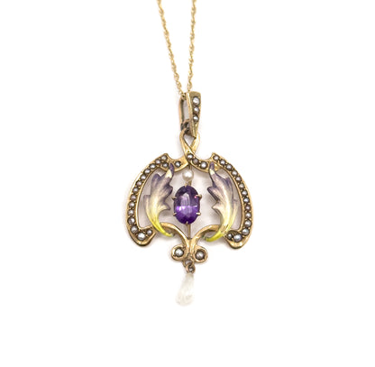 Art Nouveau Enamel Lavalier Pendant with Amethyst and Pearl in Gold