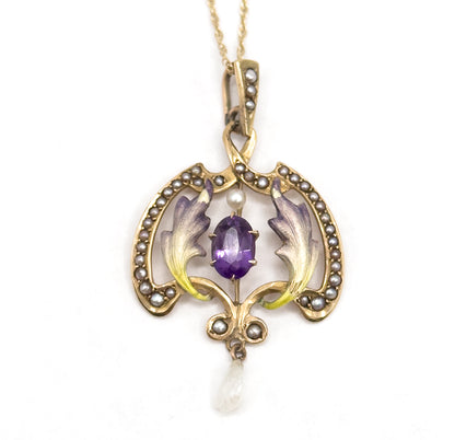 Art Nouveau Enamel Lavalier Pendant with Amethyst and Pearl in Gold