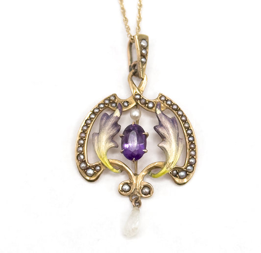 Art Nouveau Enamel Lavalier Pendant with Amethyst and Pearl in Gold