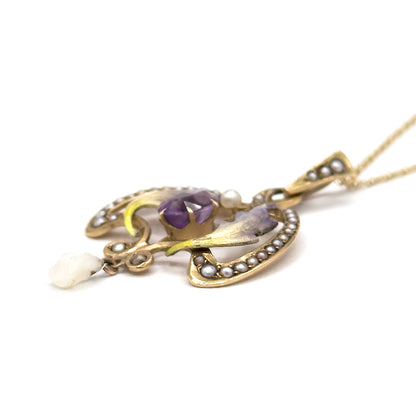 Art Nouveau Enamel Lavalier Pendant with Amethyst and Pearl in Gold