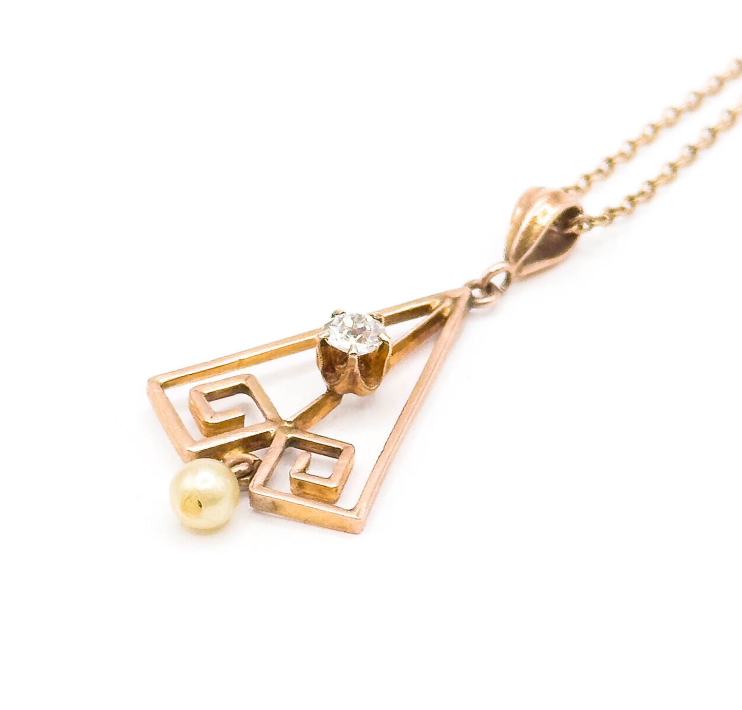 Art Deco Old Mine Cut Diamond Lavalier Pendant in Rose Gold