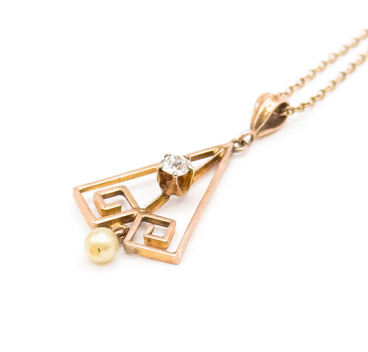 Art Deco Old Mine Cut Diamond Lavalier Pendant in Rose Gold