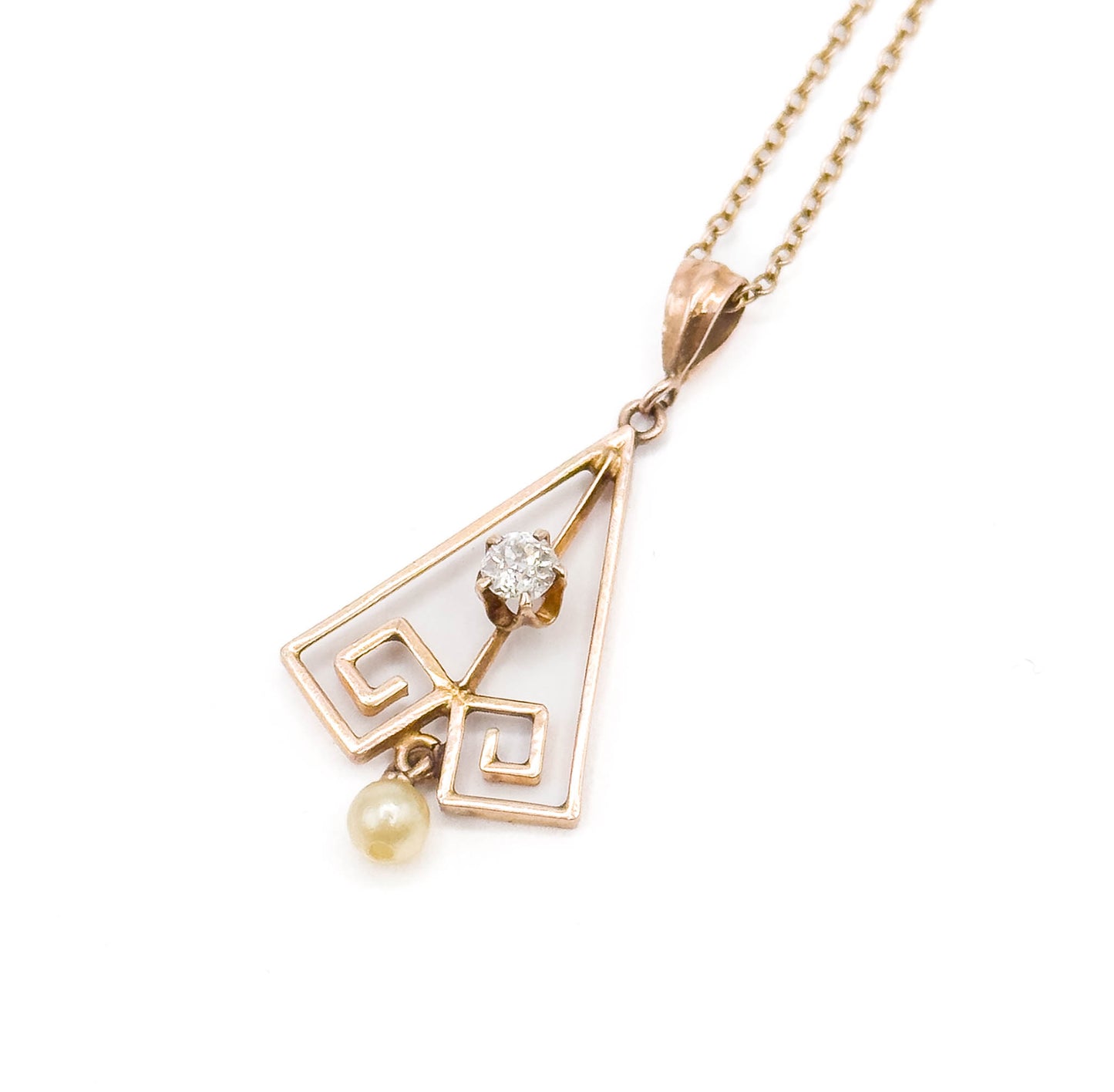 Art Deco Old Mine Cut Diamond Lavalier Pendant in Rose Gold