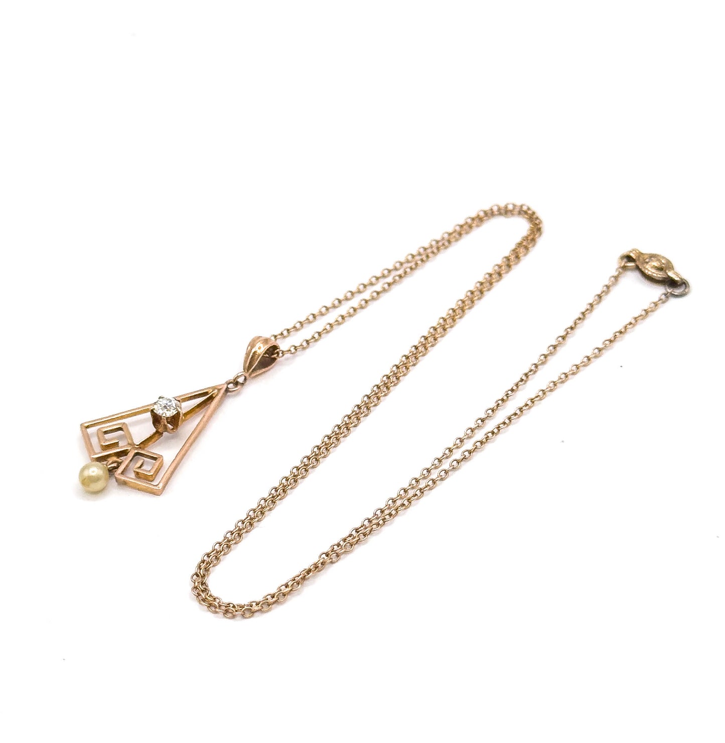 Art Deco Old Mine Cut Diamond Lavalier Pendant in Rose Gold