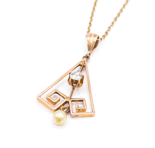 Art Deco Old Mine Cut Diamond Lavalier Pendant in Rose Gold