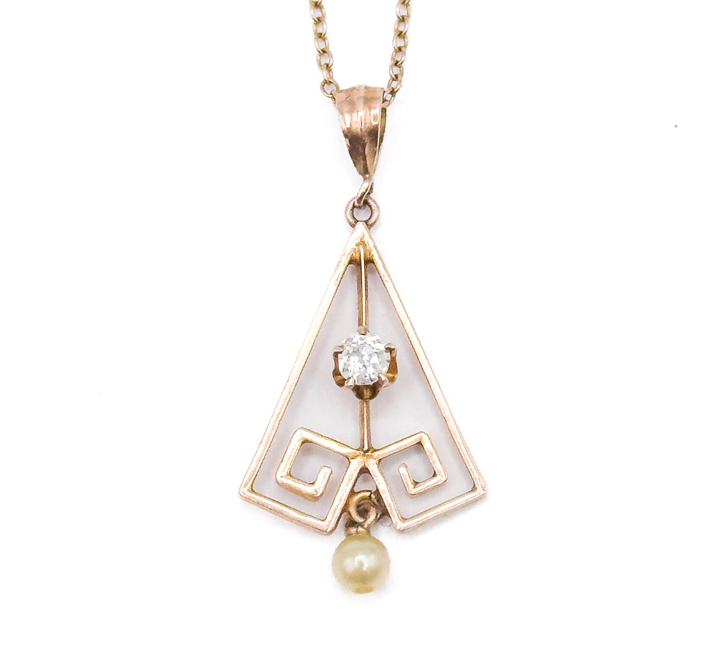 Art Deco Old Mine Cut Diamond Lavalier Pendant in Rose Gold