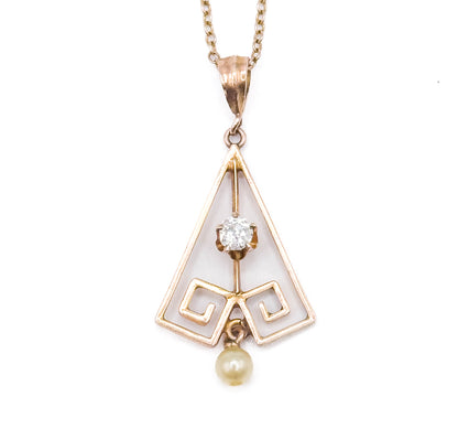 Art Deco Old Mine Cut Diamond Lavalier Pendant in Rose Gold