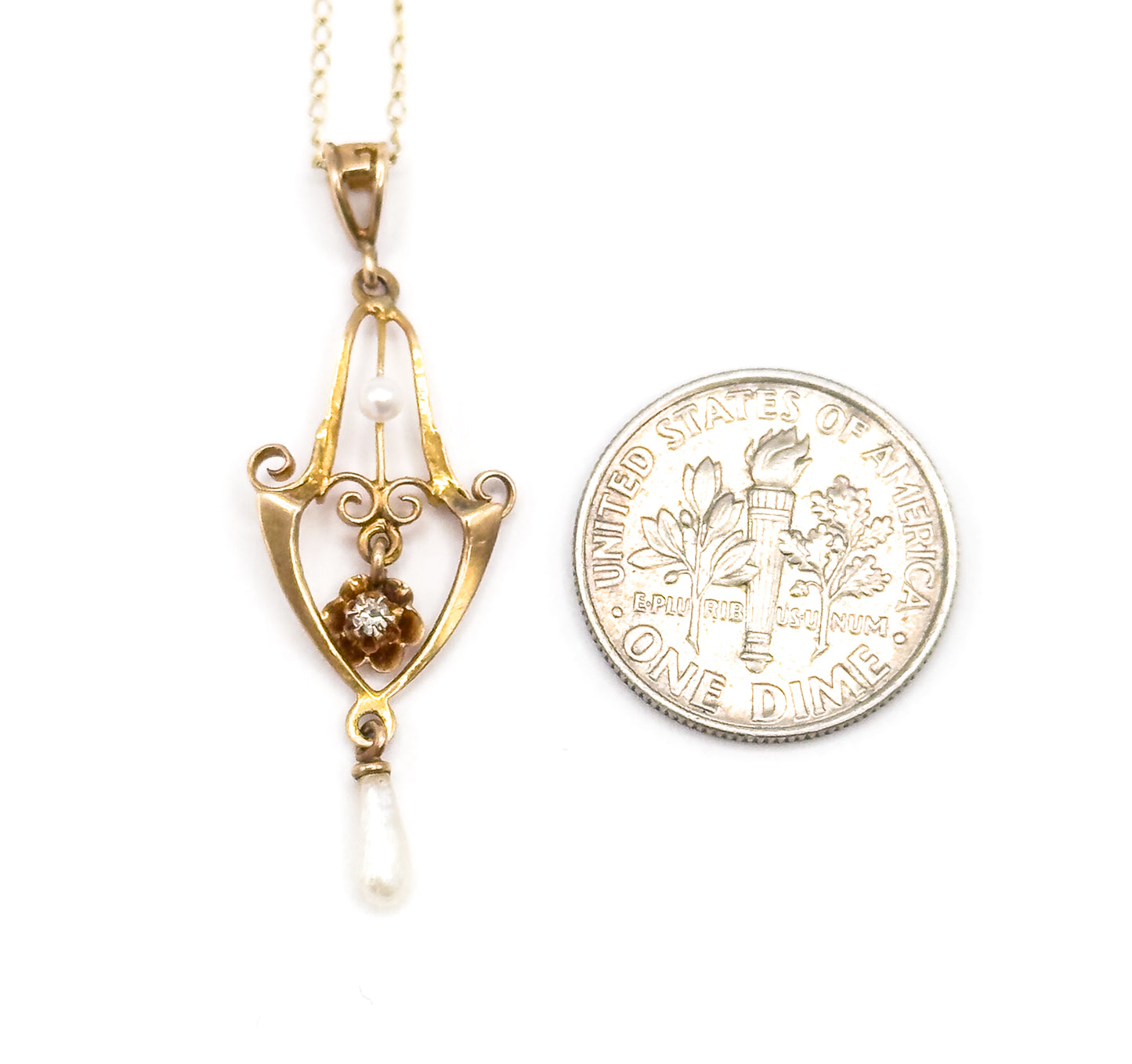 Art Nouveau Diamond & Pearl Lavalier Necklace in Gold