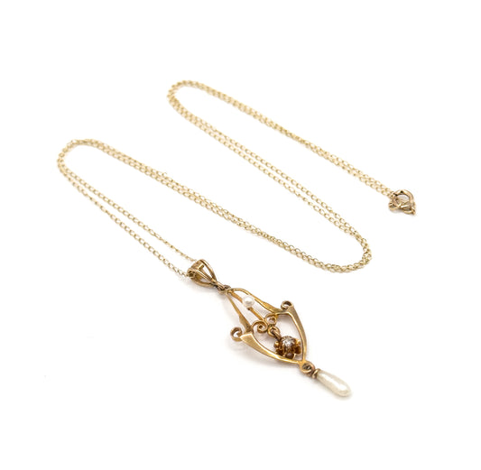 Art Nouveau Diamond & Pearl Lavalier Necklace in Gold