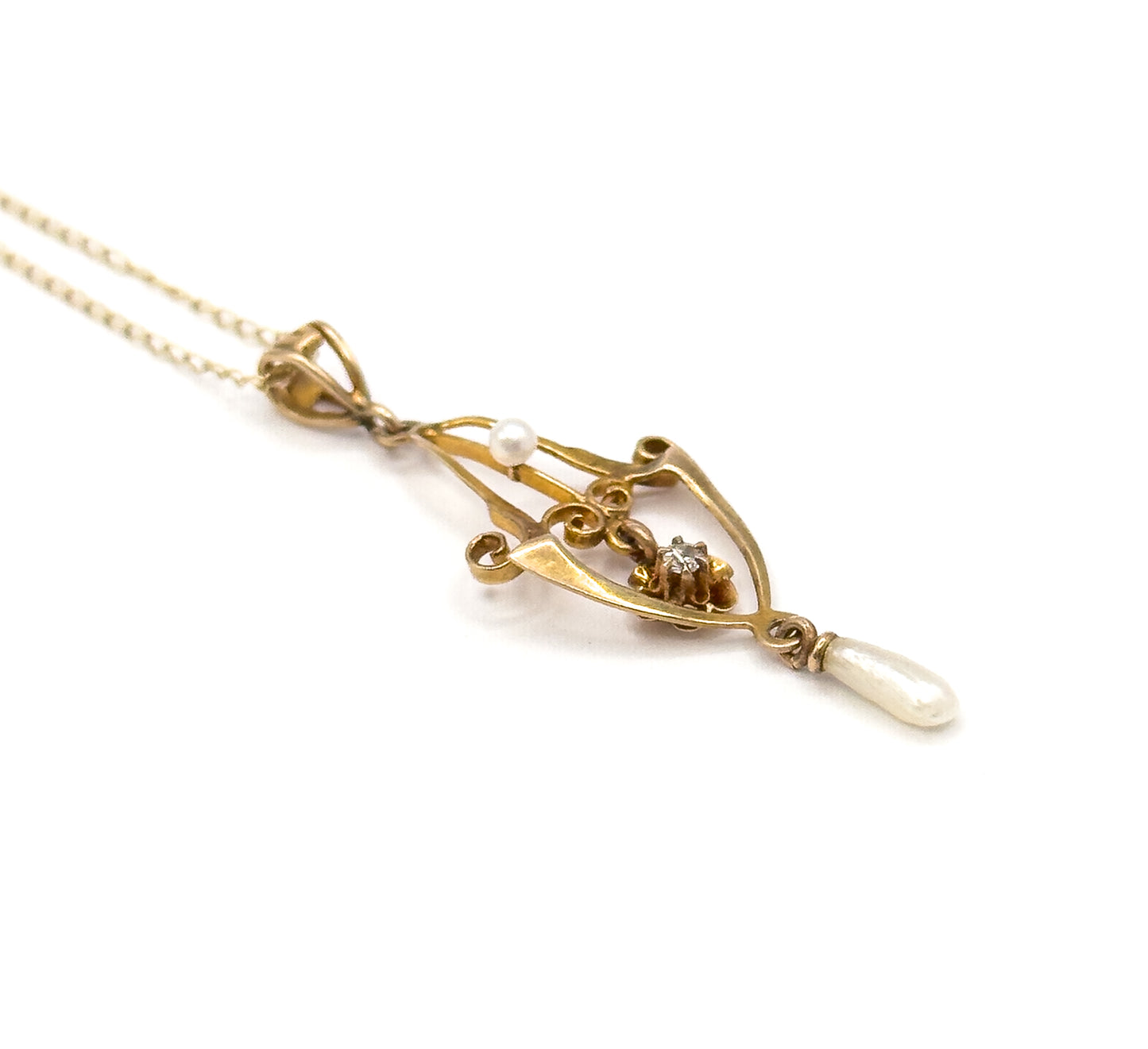 Art Nouveau Diamond & Pearl Lavalier Necklace in Gold