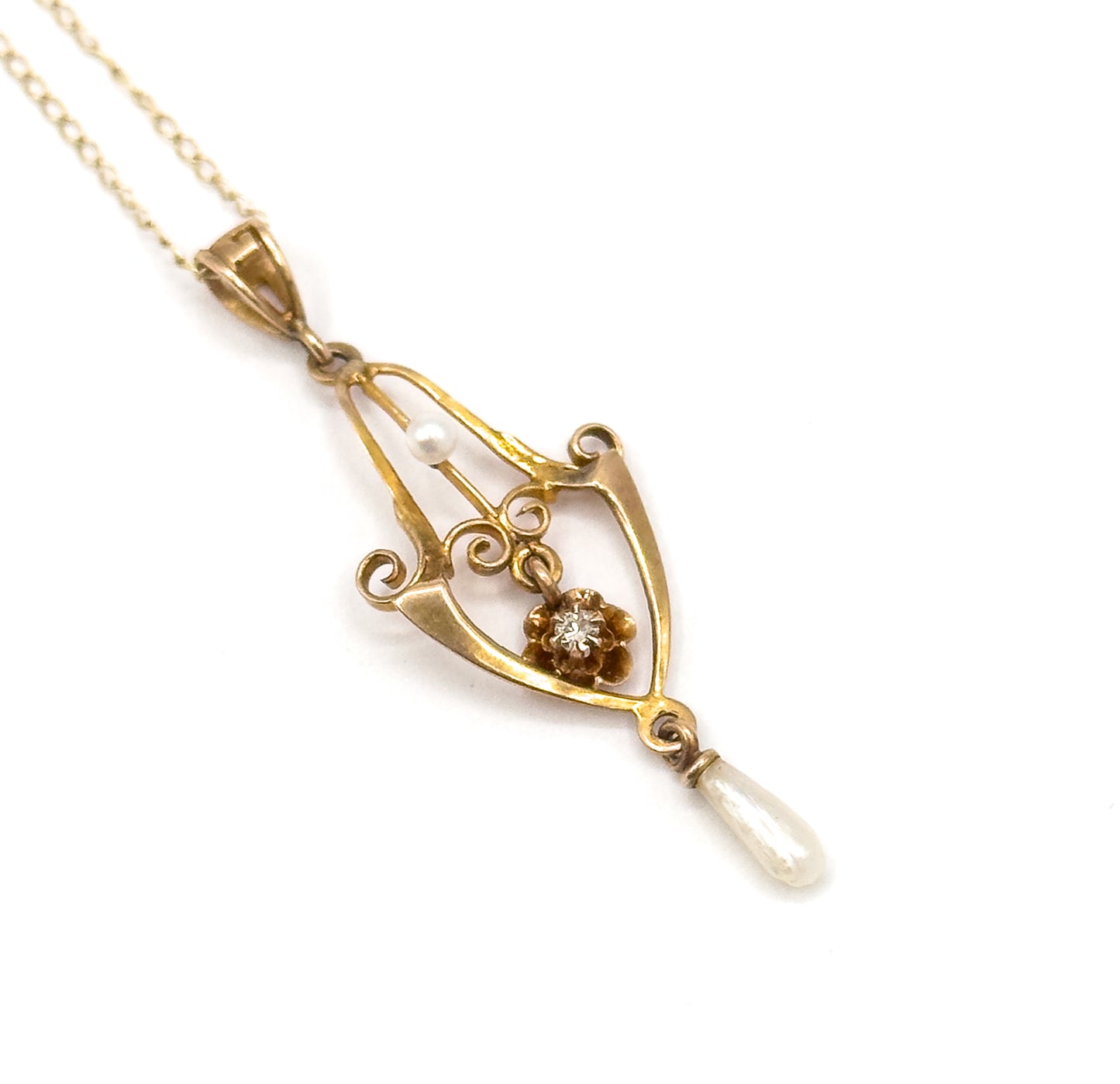 Art Nouveau Diamond & Pearl Lavalier Necklace in Gold