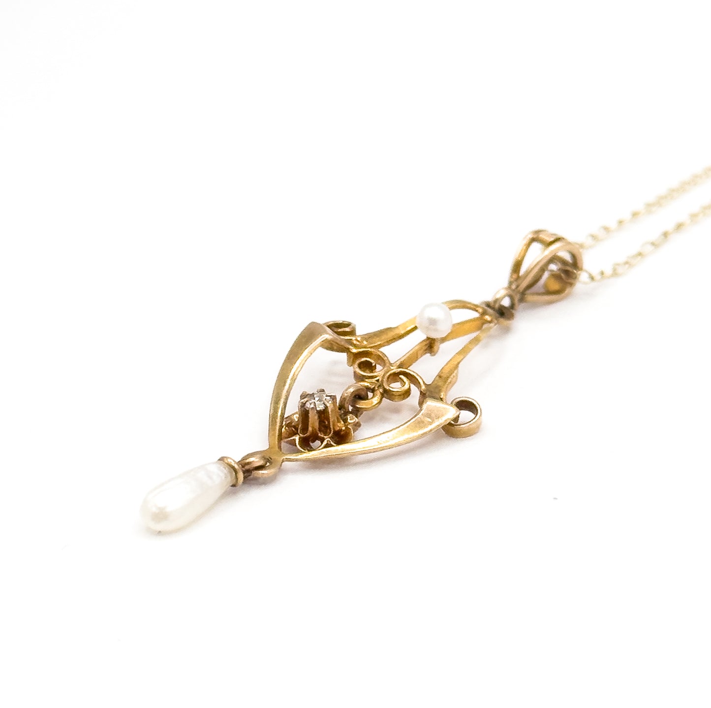 Art Nouveau Diamond & Pearl Lavalier Necklace in Gold