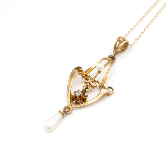 Art Nouveau Diamond & Pearl Lavalier Necklace in Gold