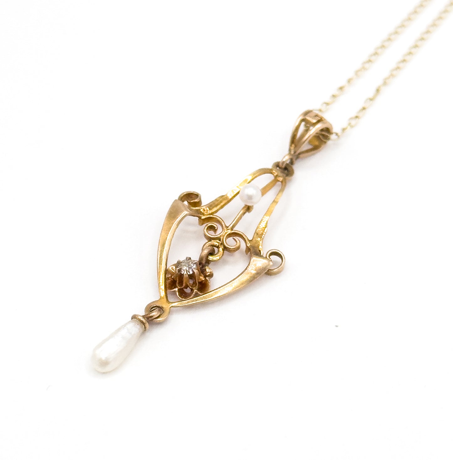 Art Nouveau Diamond & Pearl Lavalier Necklace in Gold
