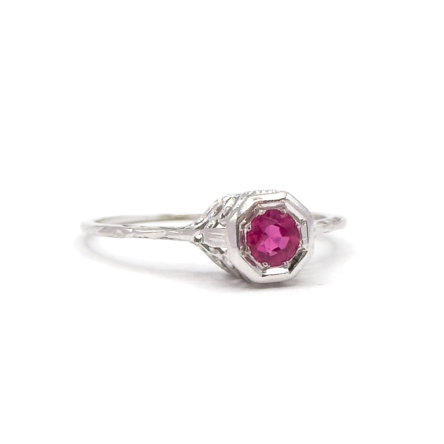 Art Deco Filigree Ruby Solitaire Ring in 18K White Gold