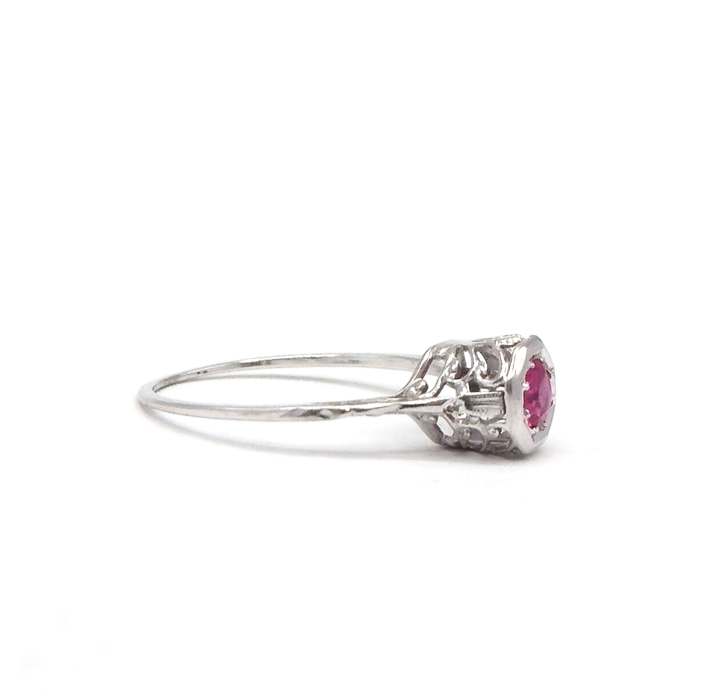 Art Deco Filigree Ruby Solitaire Ring in 18K White Gold