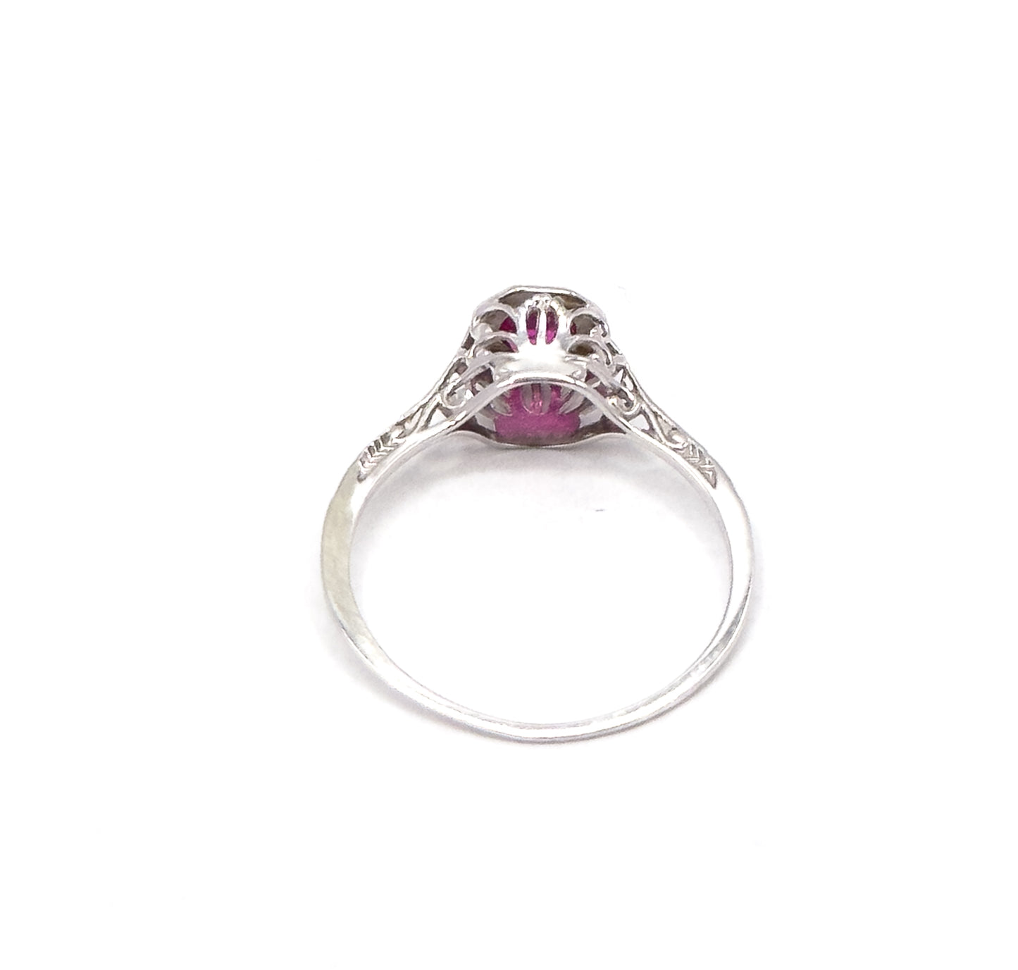 Art Deco Filigree Ruby Solitaire Ring in 18K White Gold