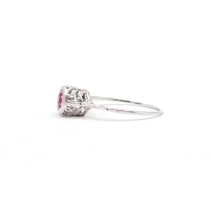 Art Deco Filigree Ruby Solitaire Ring in 18K White Gold