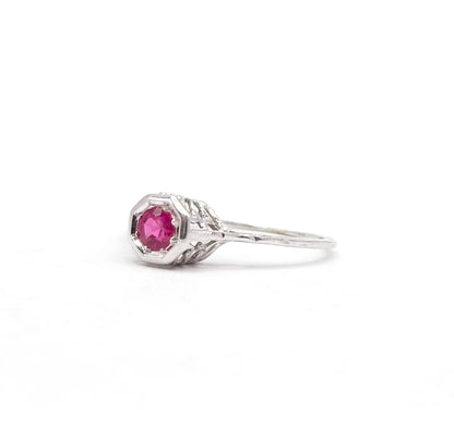 Art Deco Filigree Ruby Solitaire Ring in 18K White Gold