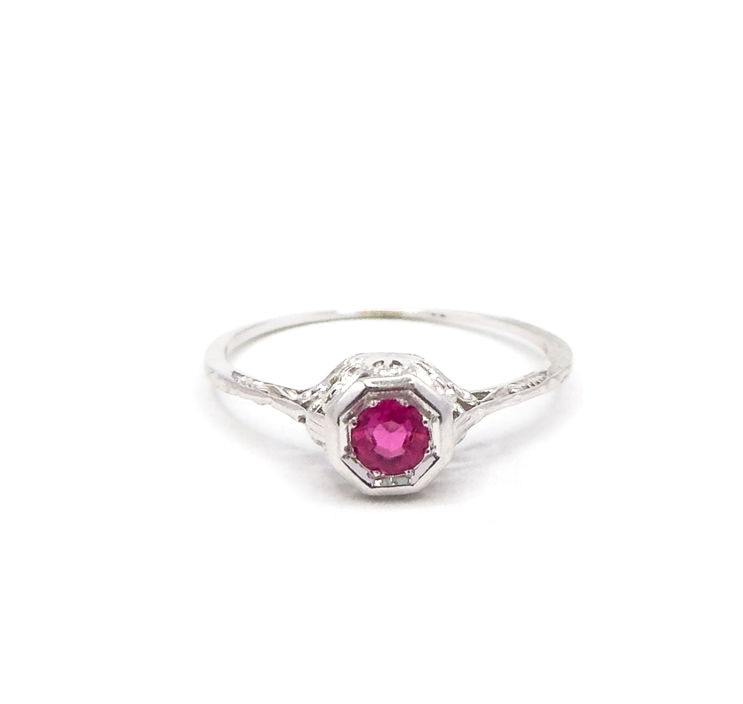 Art Deco Filigree Ruby Solitaire Ring in 18K White Gold
