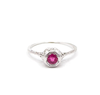 Art Deco Filigree Ruby Solitaire Ring in 18K White Gold