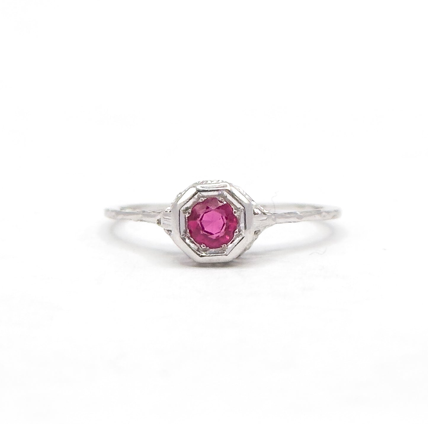 Art Deco Filigree Ruby Solitaire Ring in 18K White Gold