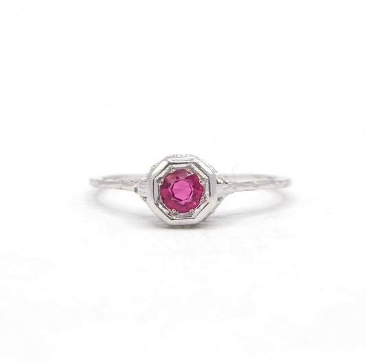 Art Deco Filigree Ruby Solitaire Ring in 18K White Gold
