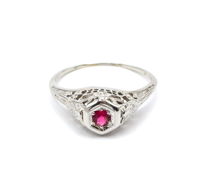 Art Deco Filigree Ring with Ruby Paste in White Gold