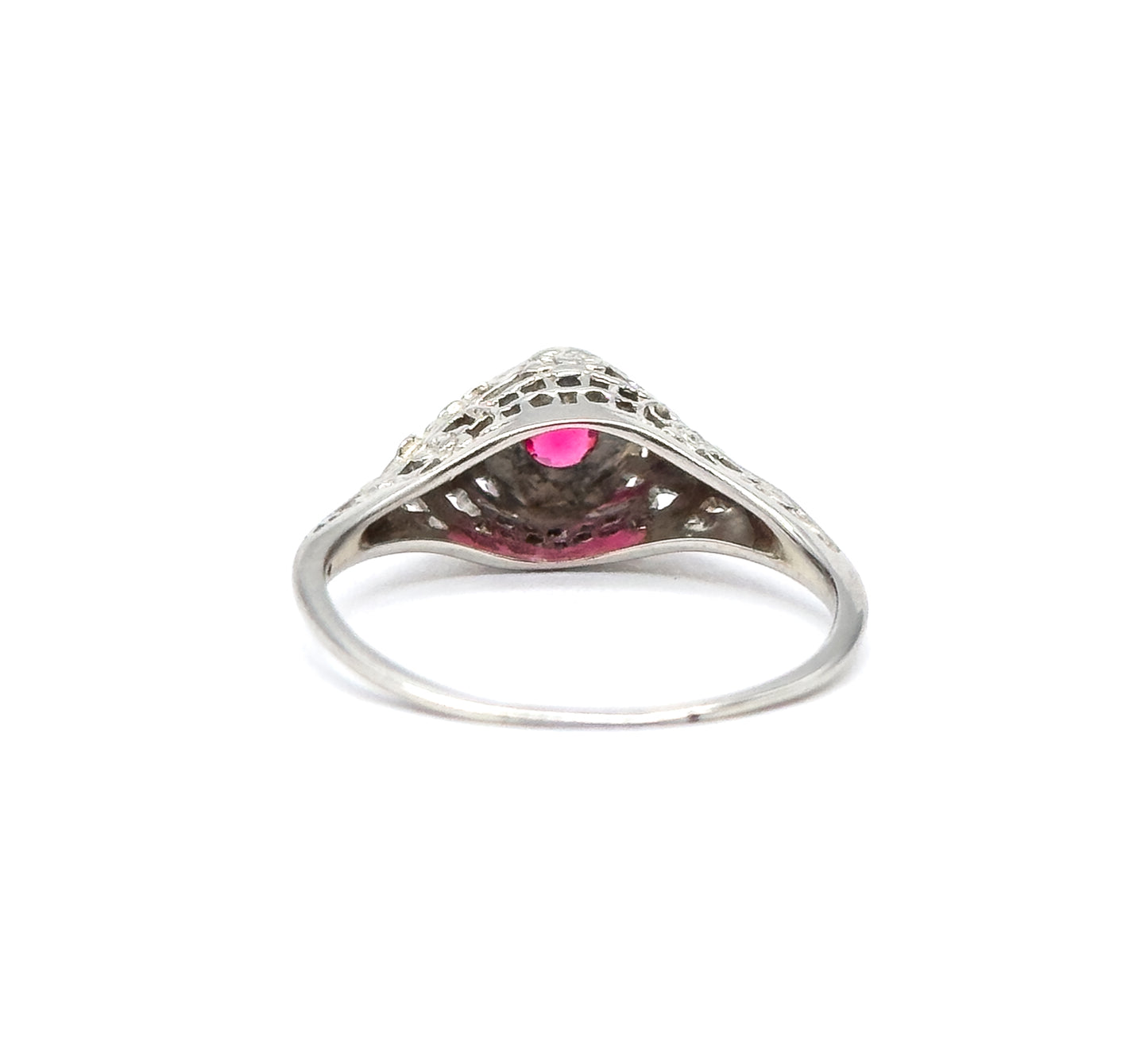 Art Deco Filigree Ring with Ruby Paste in White Gold