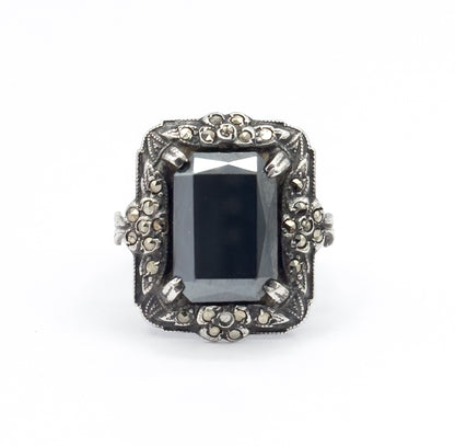 Art Deco Hematite & Marcasite Ring in Sterling Silver