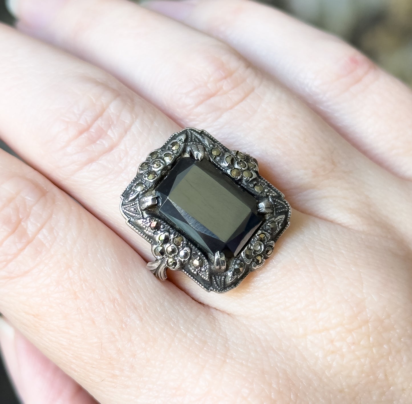 Art Deco Hematite & Marcasite Ring in Sterling Silver