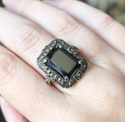 Art Deco Hematite & Marcasite Ring in Sterling Silver